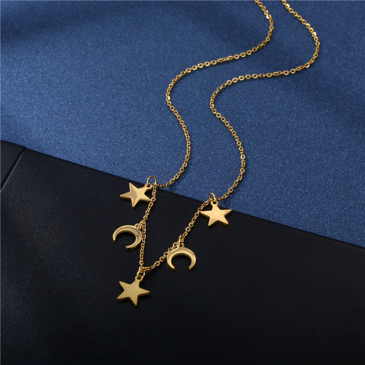 Star and Moon Pendant Clavicle Necklace